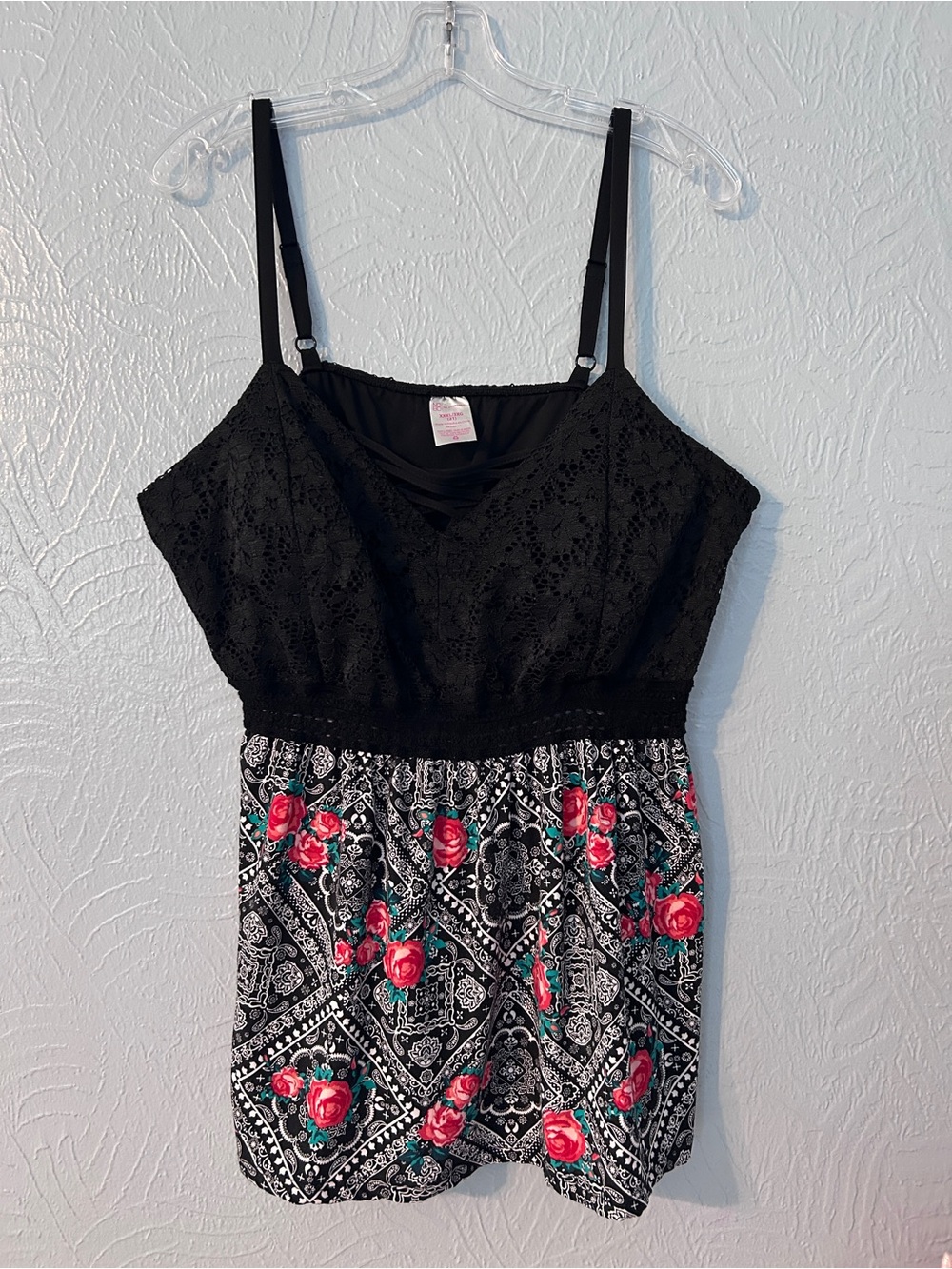 No Boundaries Black Lace Bodice Floral Tank Top with Red Roses
